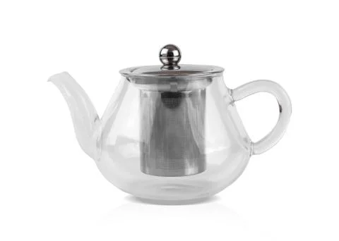 White kettle on white background. Side view of glass teapot . Stock Photos