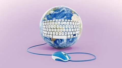 White keyboard wrapped on the earth connected to computer mouse. 3D illustr.. 스톡 일러스트