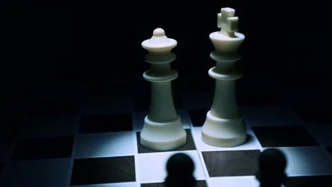 White King and Queen in the middle of the board with two pawns close, 4k loop Stock Footage 204741256