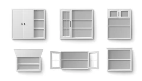 White kitchen cabinet set with open doors Stock Illustration