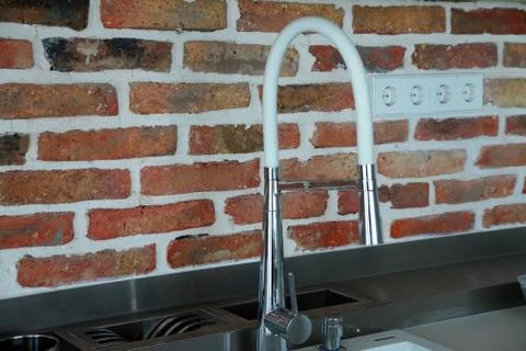 White kitchen interior in loft style close-up Stock Photos