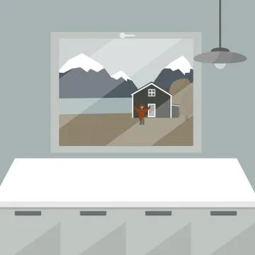 White kitchen table and window. There is wooden house in the yard, man raised Stock Illustration