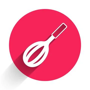 White Kitchen whisk icon isolated with long shadow. Cooking utensil, egg beater Stock Illustration