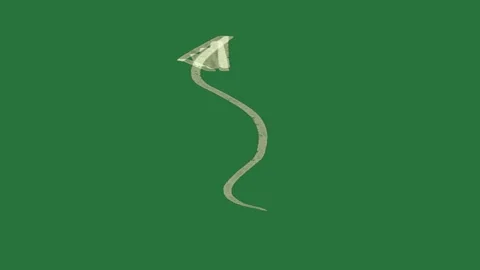 A white kite on green background and screen with arrow it flying in the air Видео 335131882