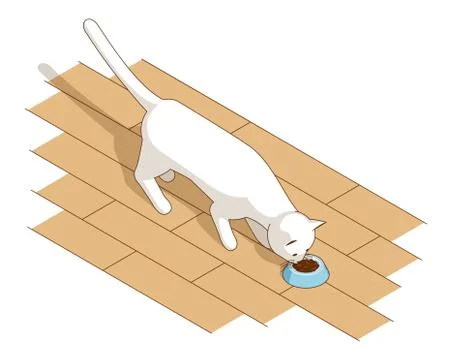White kitten eats cat food from a bowl Stock Illustration