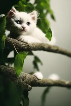 White Kitten on a tree Stock Illustration