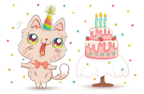 White kitty in birthday hat. Stock Illustration