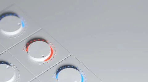White knobs on a control panel with red and blue highlights. Music, recording Stock Illustration