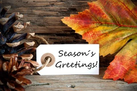 A White Label on a Fall Background with the Words Seasons Greetings on it Stock Photos