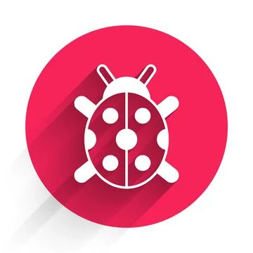 White Ladybug icon isolated with long shadow. Red circle button. Vector Illustrazione stock
