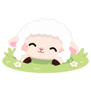 White lamb character resting on green meadow with flowers for children book.. Stock Illustration
