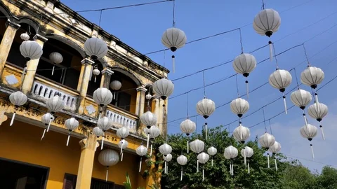 White lanterns in old quarter of Hoi An, Vietnam in 4k Stock Footage 75922579