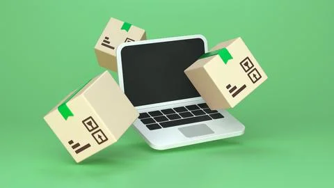 White Laptop Around Delivery Boxes on Green Background. Online Shop Concept. Stock Illustration