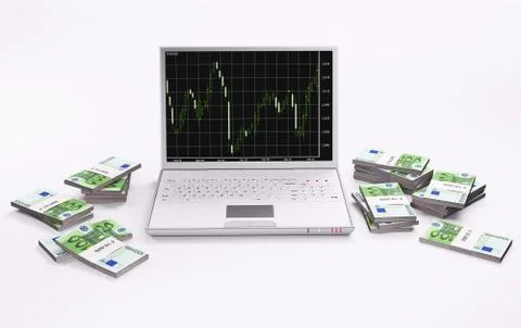 White laptop with chart and stacks of euros 3d Stock Illustration