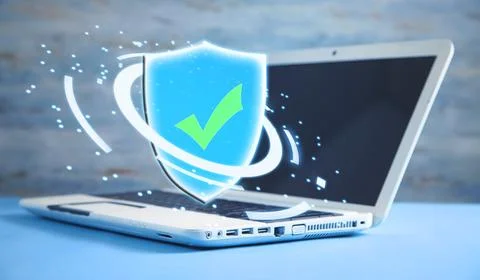 White laptop computer with a shield icon. Web security Stock Photos