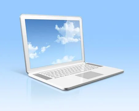 White laptop computer with sky screen isolated on blue 3D white laptop com... Stockfoto's
