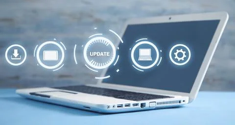 White laptop computer. Update Program. Business, Technology, Internet concept Foto stock