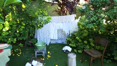 White laundry is drying in a green garden on a rope Stock Footage 284953957