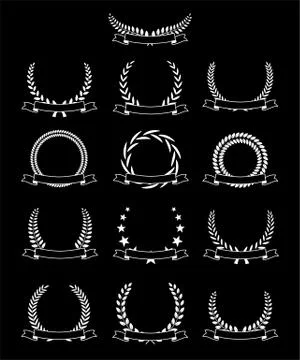 White laurel wreath set with text space isolated on black background Stock Illustration