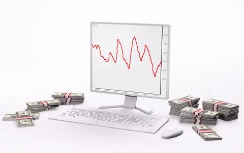 White lcd,keyboard,mouse and stacks of dollars 3d Stock Illustration