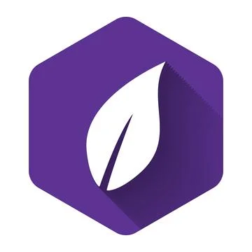 White Leaf icon isolated with long shadow. Purple hexagon button. Vector 스톡 일러스트
