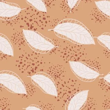 White leaf silouettes seamless random pattern. Pale orange background with sp Stock Illustration