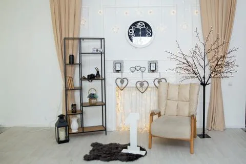 White leather chair. artificial iron light wood. Iron cabinet to put souvenir Stock Photos