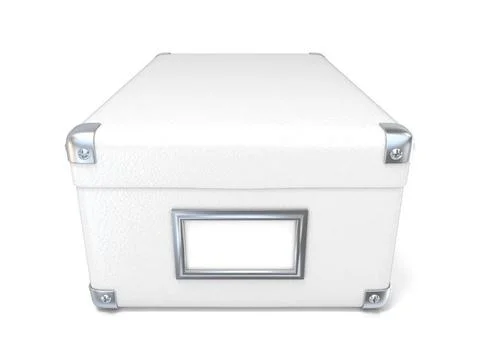 White leather closed box, with chrome corners and blank label. Front view.... Stock Photos