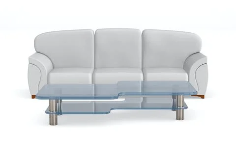 White leather sofa and low table on white background. Isolated 3D illustratio Illustrazione stock