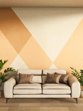 White leather sofa and potted plant on wooden parquet floor aside orange be.. Stock Illustration