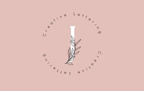 White Letter J Logo with circle lettering design and outline leaves and paste Stock Illustration