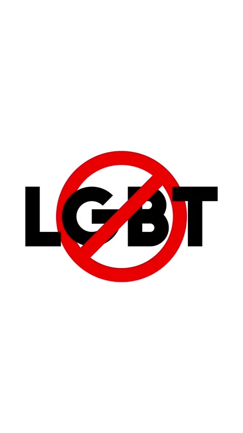 White LGBT on rainbow flag. Red prohibition sign with black text LGBT Stock Footage 321854103