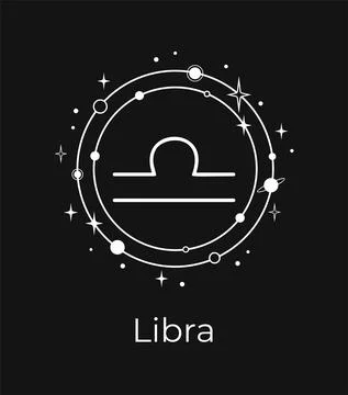 White Libra sign with planets and stars on a black background Stock Illustration