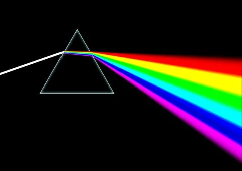 White light beam shines through a prism and then disperses the light into an 库存插图