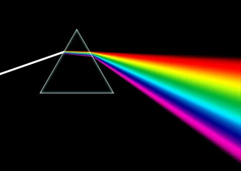 White light beam shines through a prism and then disperses the light into an Stock Illustration
