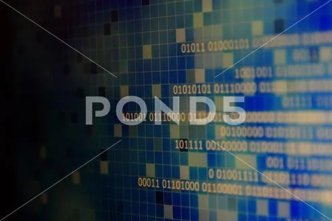 White light binary data on gradient blue abstract background with block shape Stockfoto's