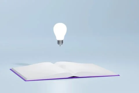 White light bulb floating from open book on blue background. minimal design.3 Stock Illustration