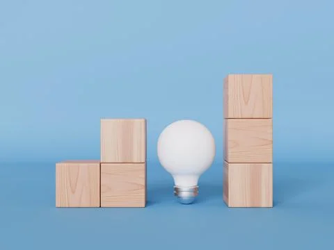 A white light bulb placed between stacks of wooden toy blocks on blue surface Stock Illustration