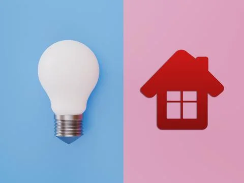 White light bulb placed next to a red house icon on a blue and pink split Stock Illustration