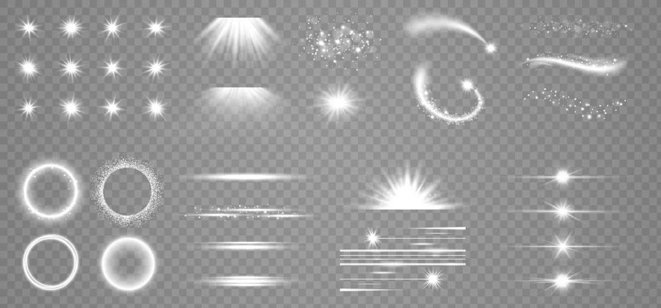 White light effect set. Silver sparkle, glowing stars, light streaks, rings Stock Illustration