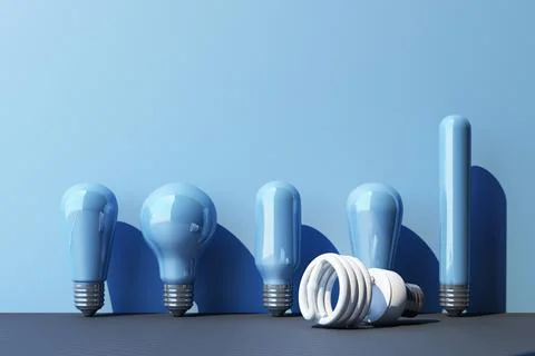 White light fluorescent bulb LED on blue wall background surrounded by incand Stock Illustration