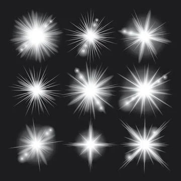 White light glow effect, light rays set. Radiant flash, lens flare, on dark.. Stock Illustration