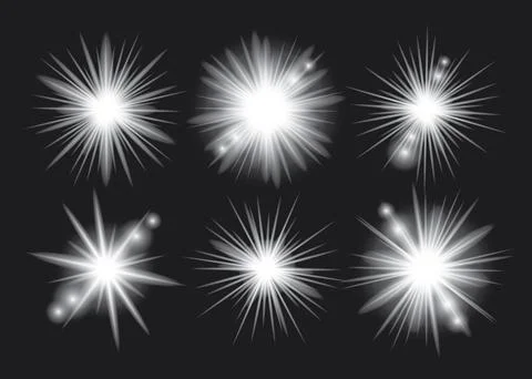 White light glow effect, light rays set. Radiant flash, lens flare, on dark b Illustrazione stock