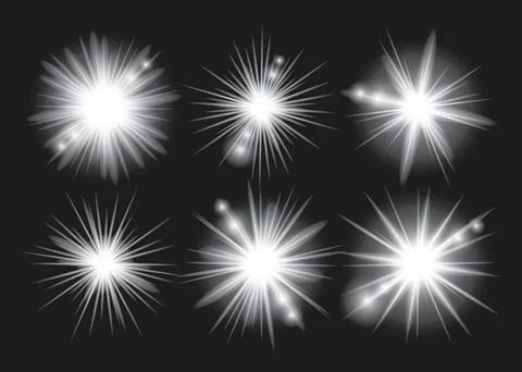 White light glow effect, light rays set. Radiant flash, lens flare, on dark.. Stock Illustration
