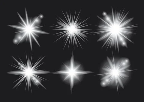 White light glow effect, light rays set. Radiant flash, lens flare, on dark.. Stockillustratie