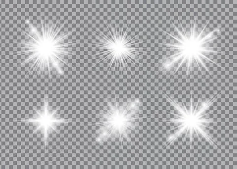 White light glow effect, light rays set. Radiant flash, lens flare, vector .. Stock Illustration