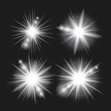 White light glow effect, light rays set. Radiant flash, lens flare, on dark.. Stock Illustration