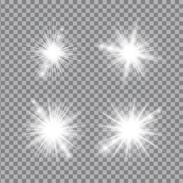 White light glow effect, light rays set. Radiant flash, lens flare, vector .. Stock Illustration