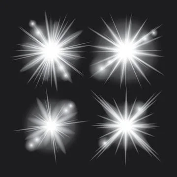 White light glow effect, light rays set. Radiant flash, lens flare, on dark.. Stockillustratie