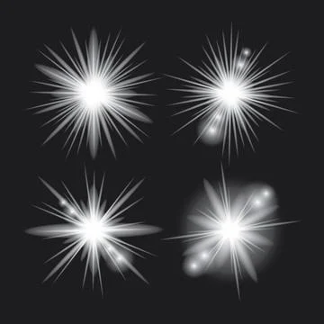 White light glow effect, light rays set. Radiant flash, lens flare, on dark.. Illustrazione stock